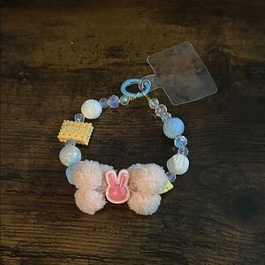 Pom Pom Bunny Phone Charm with Crystal Beads and Blue Clasp
